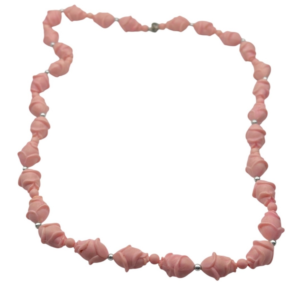 Vintage 1950s Pink Plastic Floral Beaded Necklace with Metal Clasp